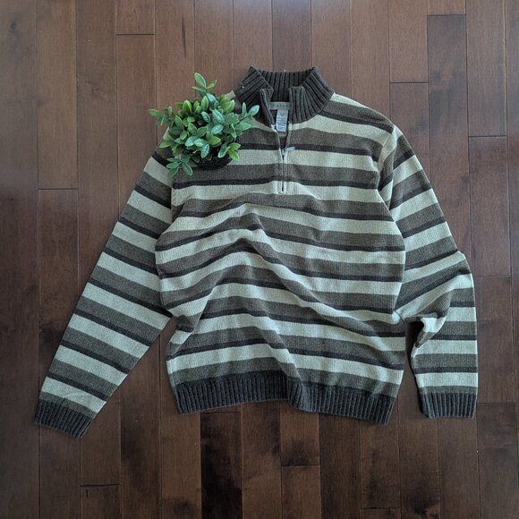 NEUTRAL BROWN STRIPED VINTAGE QUARTER ZIP SWEATSHIRT - Picture 1 of 2